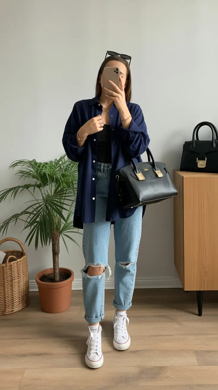 spring basic outfits Navy Overshirt with Relaxed Jeans and Sneakers