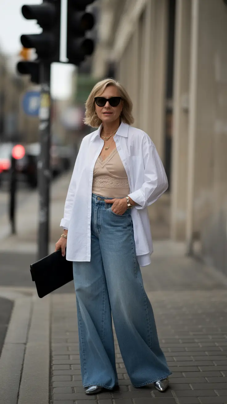 spring basic outfits White Shirt Layered Over a Soft Neutral Top with Wide Jeans