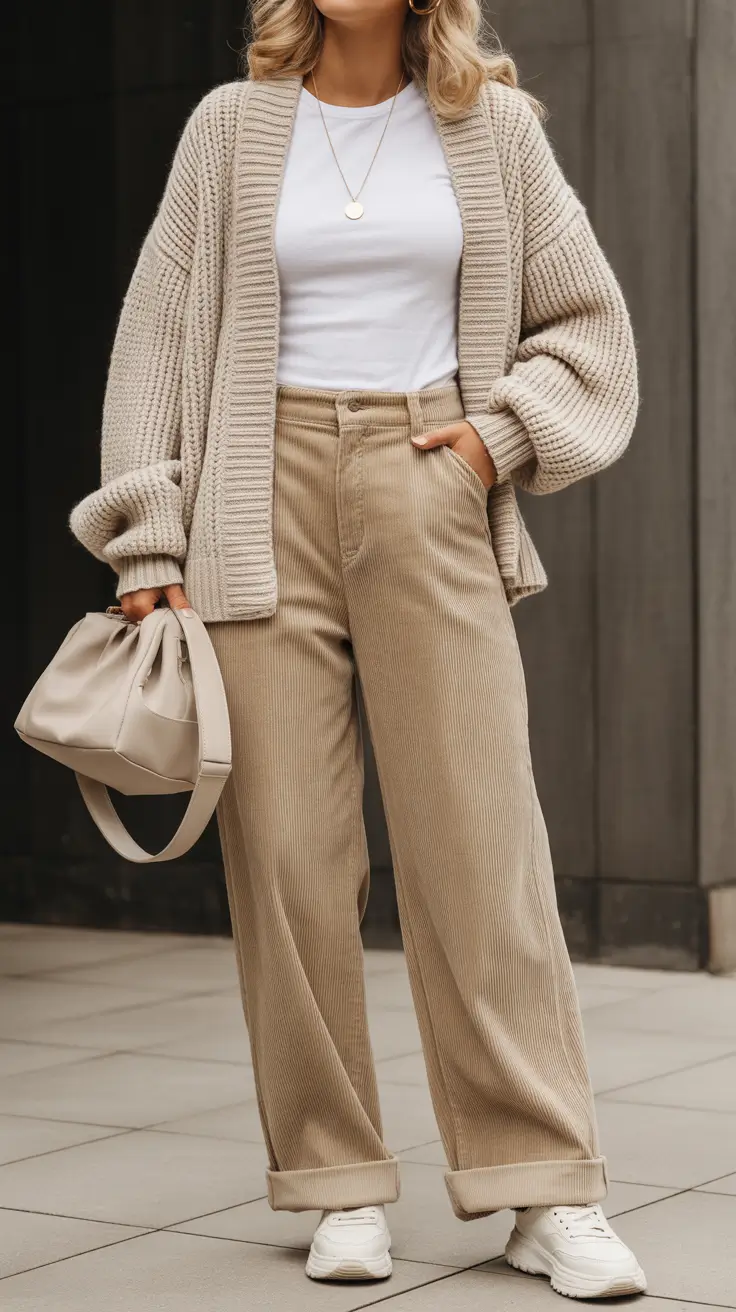 spring basic outfits Chunky Knit Cardigan with Neutral Corduroy Pants