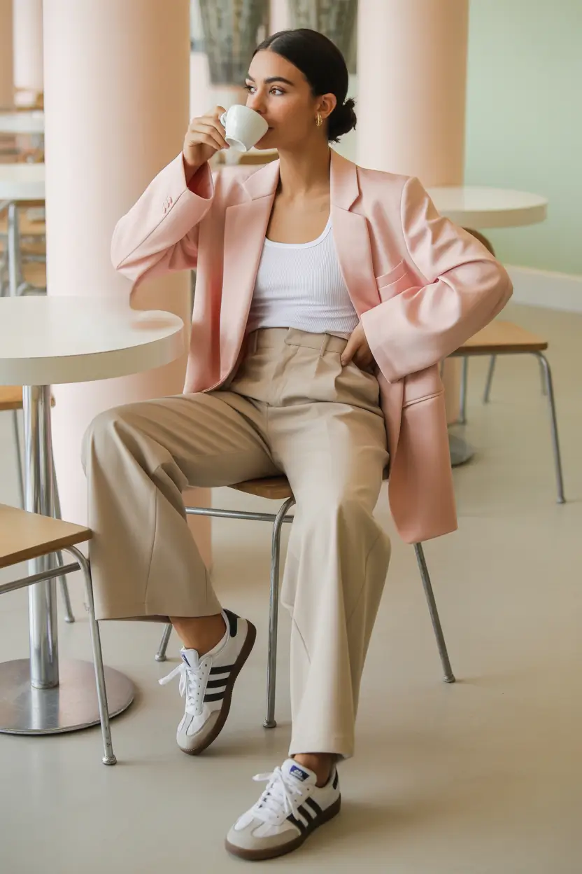 spring basic outfits Soft Pink Blazer with Casual Sneakers