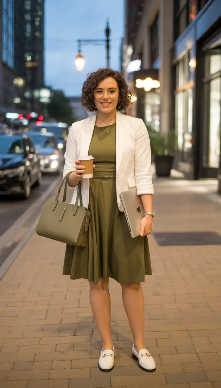 spring basic outfits White Blazer Over an Olive Day Dress