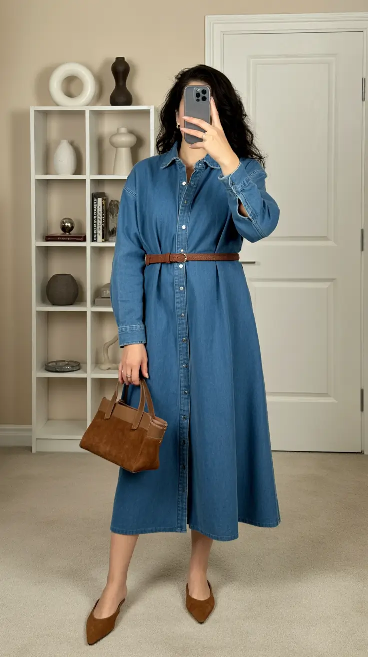 spring basic outfits Denim Shirt Dress with a Soft Belted Waist