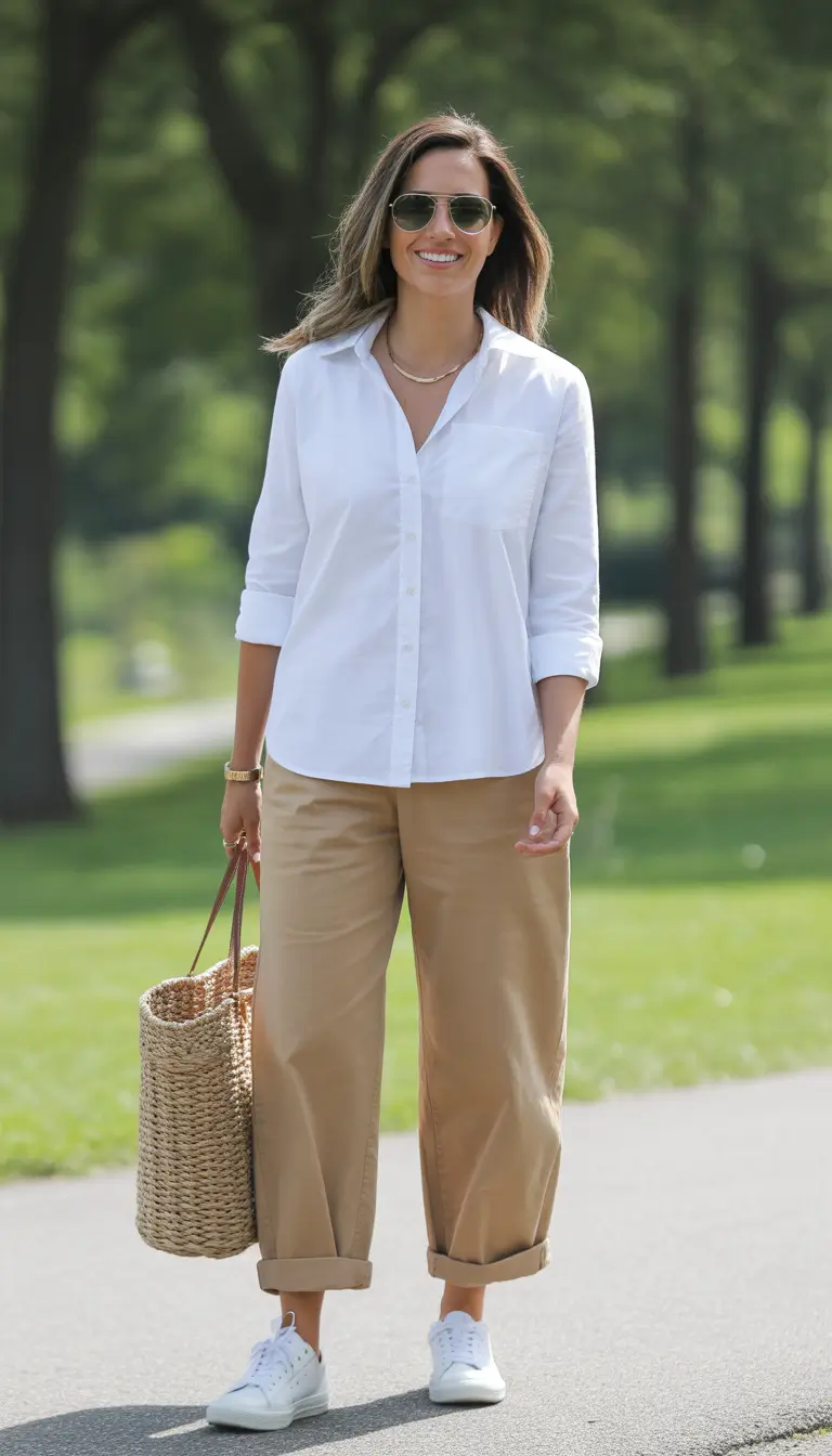 spring basic outfits Crisp White Shirt with Relaxed Khaki Pants