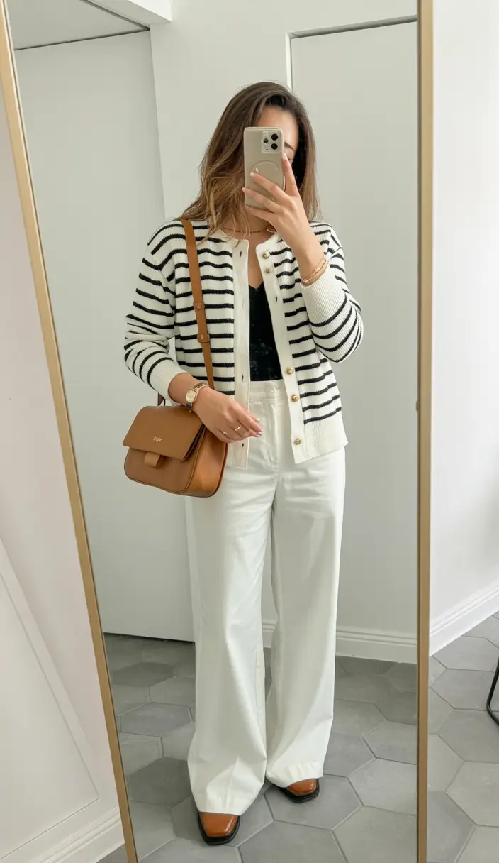 spring basic outfits Striped Cardigan with White Wide-Leg Pants