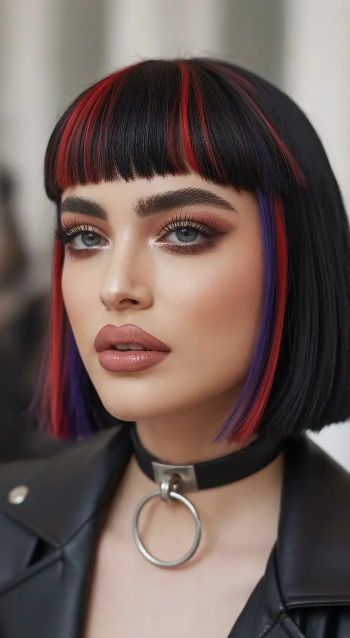 spring hair color trends-Graphic Brunette Bob with Punk-Streak Contrast