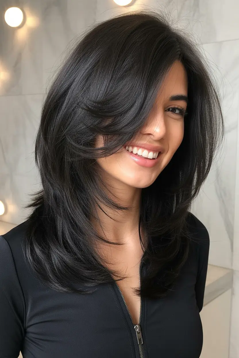 spring hair color trends-Dark Hair Layers with Glossy Volume for Classic Spring Confidence