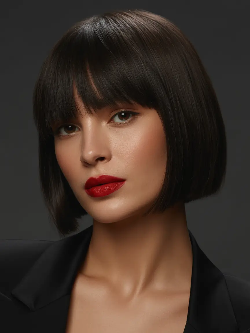 spring hair color trends-Sharp Black Bob with Fringe for Minimalist Spring Drama