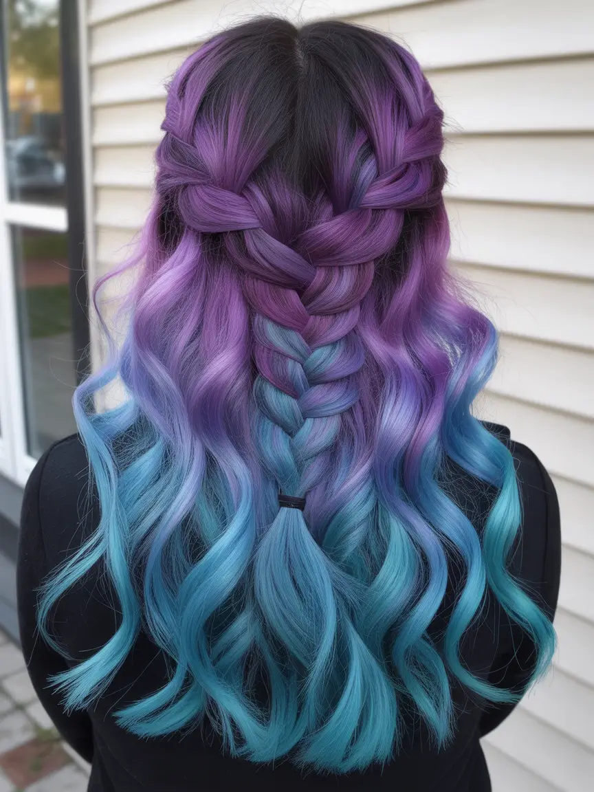spring hair color trends-Braided Amethyst Waves with Mermaid Ends