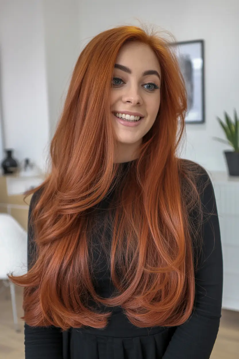 spring hair color trends-Glossy Copper Layers That Glow in Spring Light