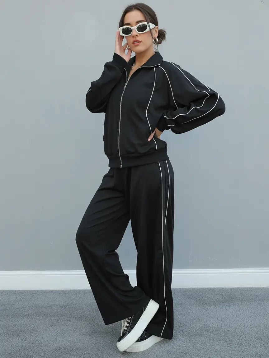 spring sport outfits for women Minimal Black Sport Set With Clean Casual Energy