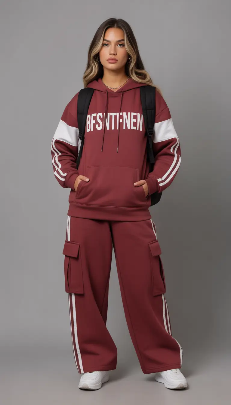 spring sport outfits for women Deep Red Hoodie Set With Confident Street Presence