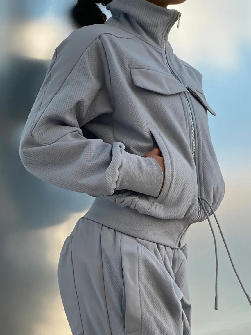 spring sport outfits for women Textured Grey Sport Set With Functional Focus