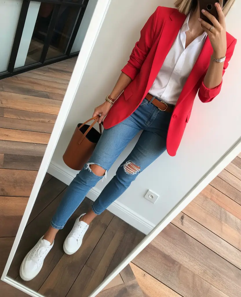 spring outfit for Saturday Red Blazer Casual Weekend Wear