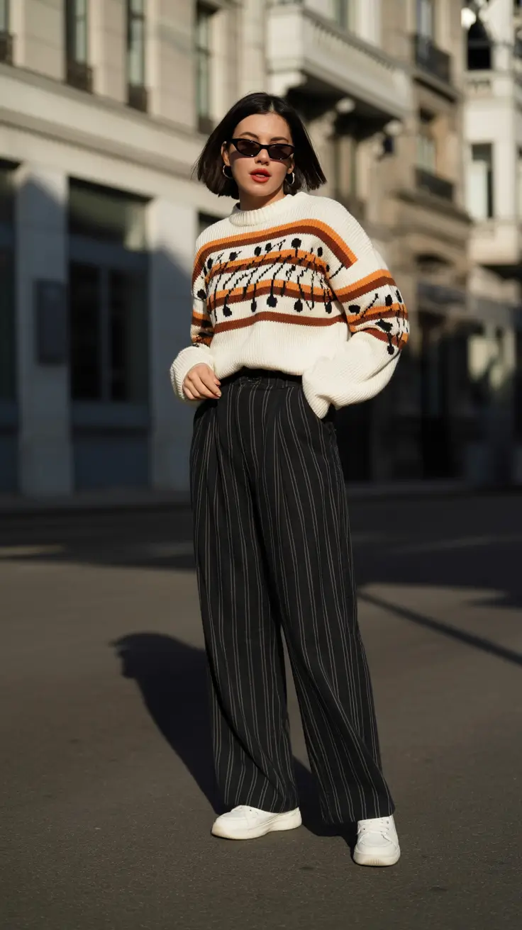spring outfits streetwear Graphic Knit Meets Tailored Ease
