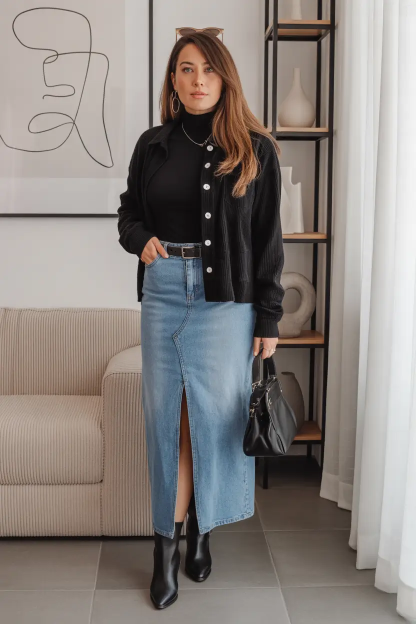 spring outfits streetwear Denim Skirt Meets Soft Layers