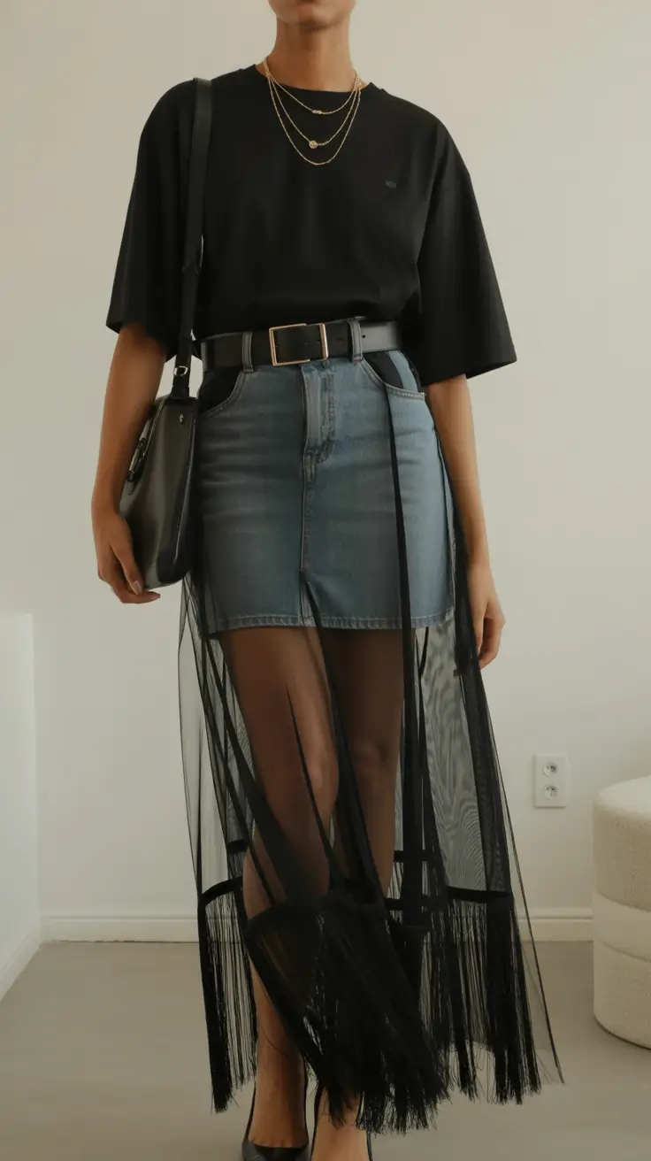 spring outfits streetwear Sheer Layers and Denim Contrast