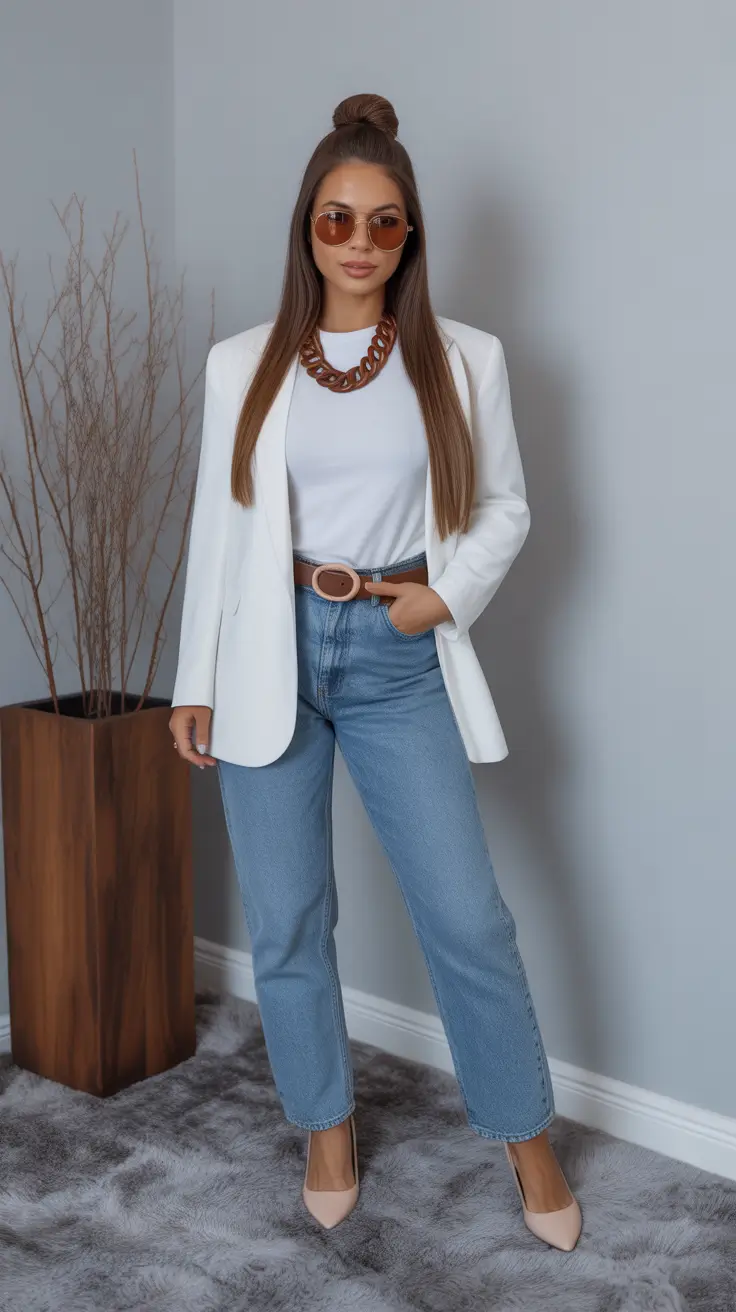 spring outfits streetwear Clean White Blazer with Modern Denim