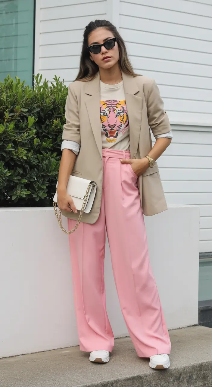 spring outfits streetwear Pink Tailoring with Graphic Attitude