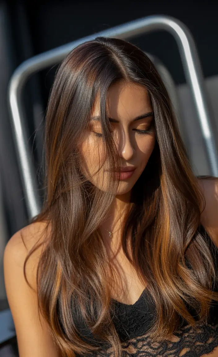 spring brunette hair color Sleek Straight Brunette With Subtle Bright Warm Highlights