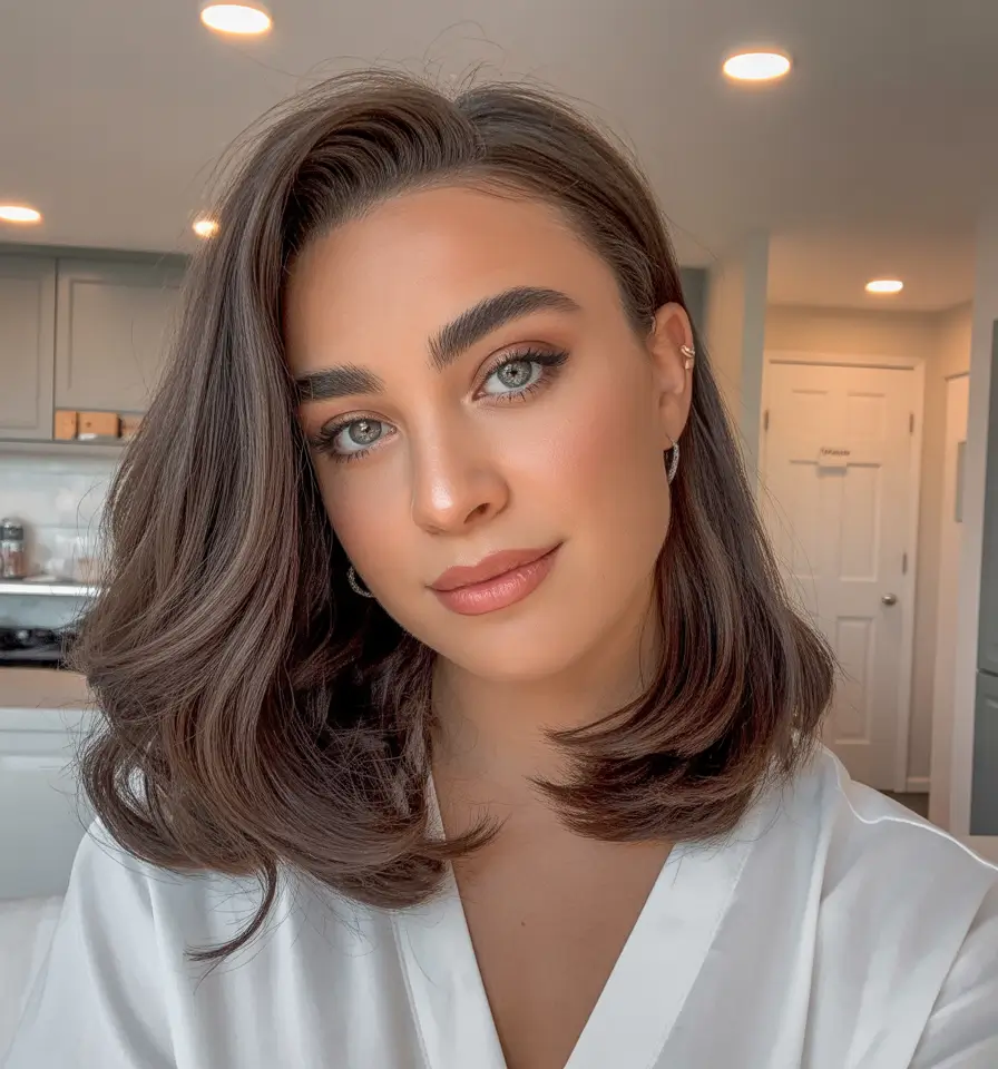 spring brunette hair color Soft Brunette Lob With a Natural Warm Glow