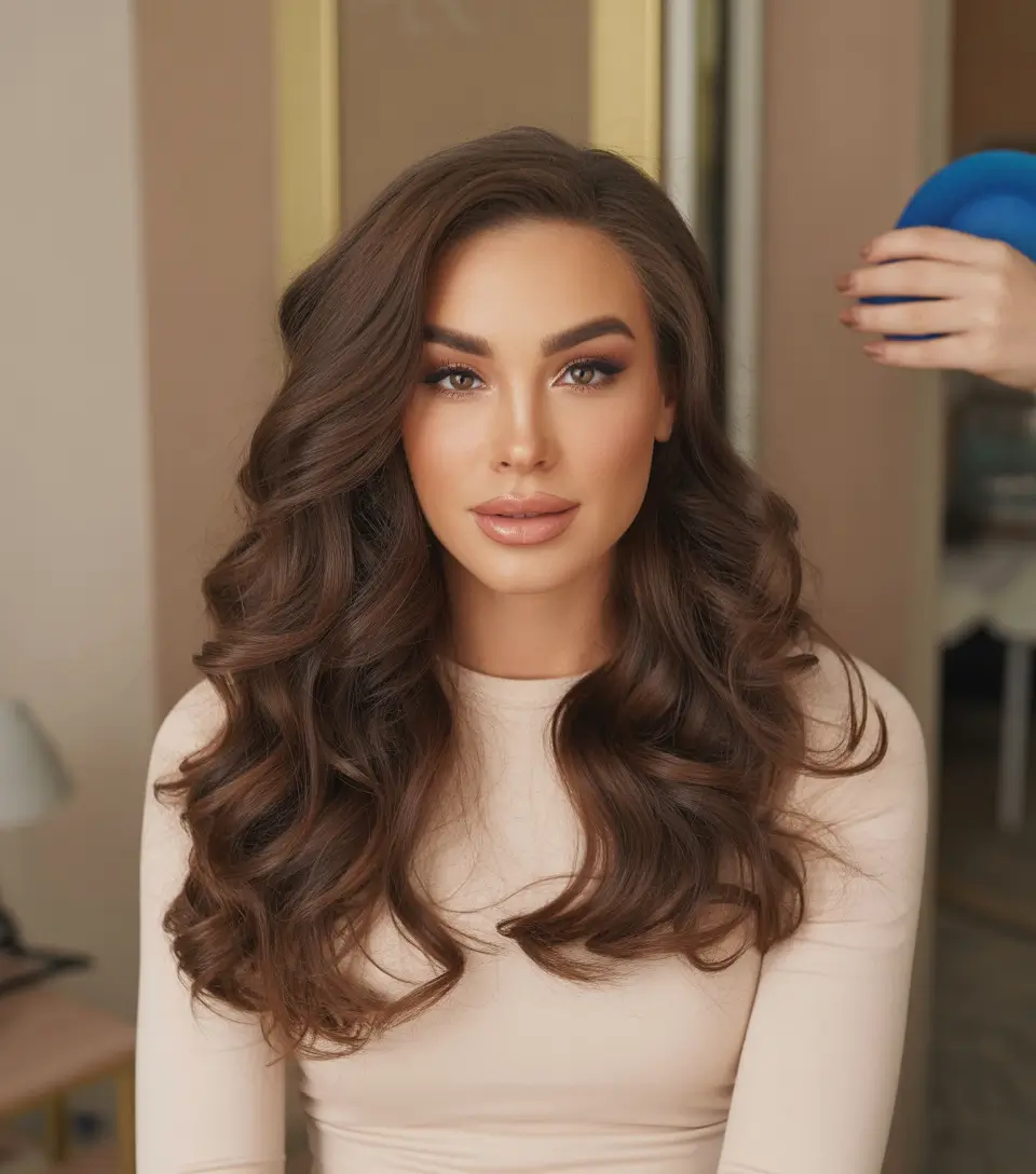 spring brunette hair color Classic Warm Brown Hollywood Curls for Spring Glam