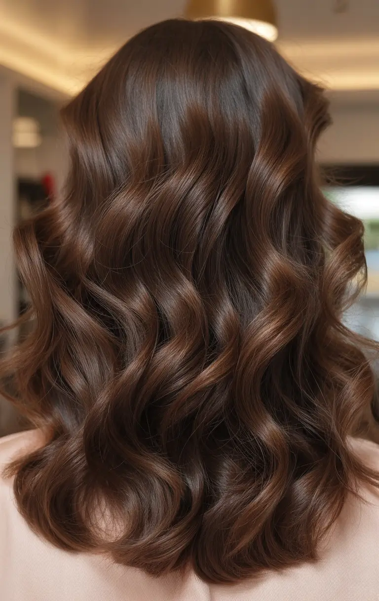 spring brunette hair color Rich Warm Brown Waves With Glossy Spring Shine
