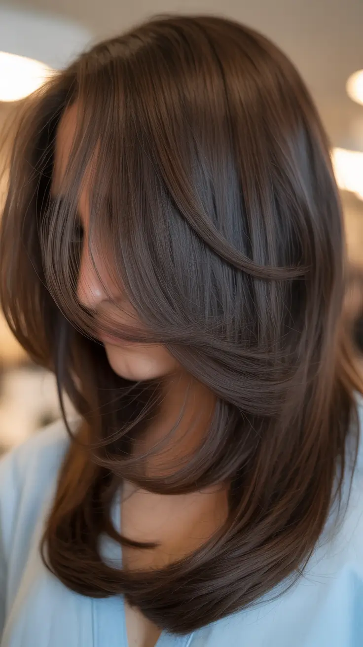 spring brunette hair color Medium-Length Brunette Layers With a Smooth Blowout Finish