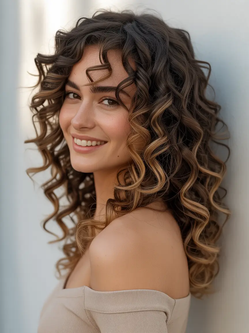 spring brunette hair color Curly Warm Brunette With Caramel Highlights and Spring Energy