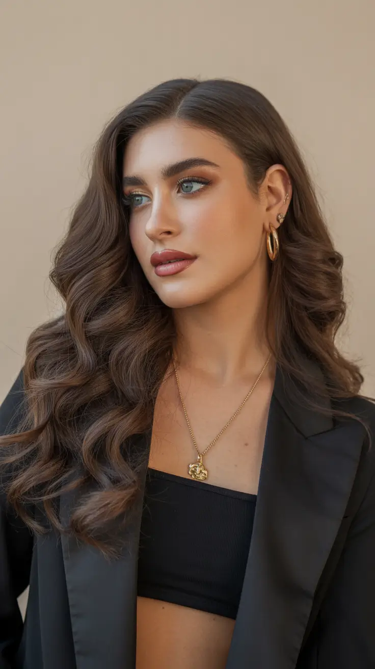 spring brunette hair color Soft Warm Brown Waves With Elegant Glam Volume