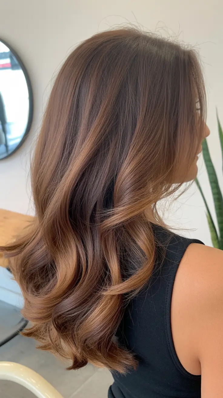 spring brunette hair color Warm Brown Waves With Caramel Balayage Highlights