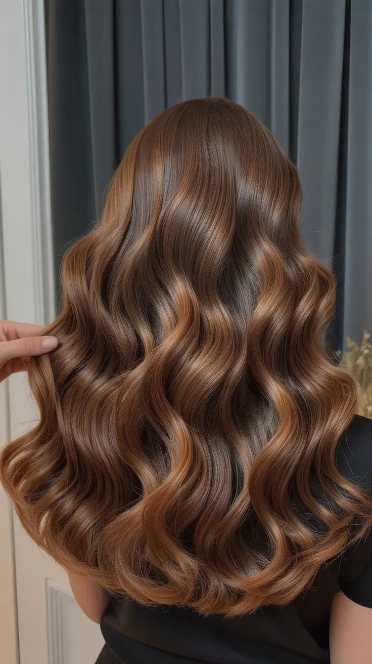 spring brunette hair color Glossy Dark Brunette With Copper Balayage Glow