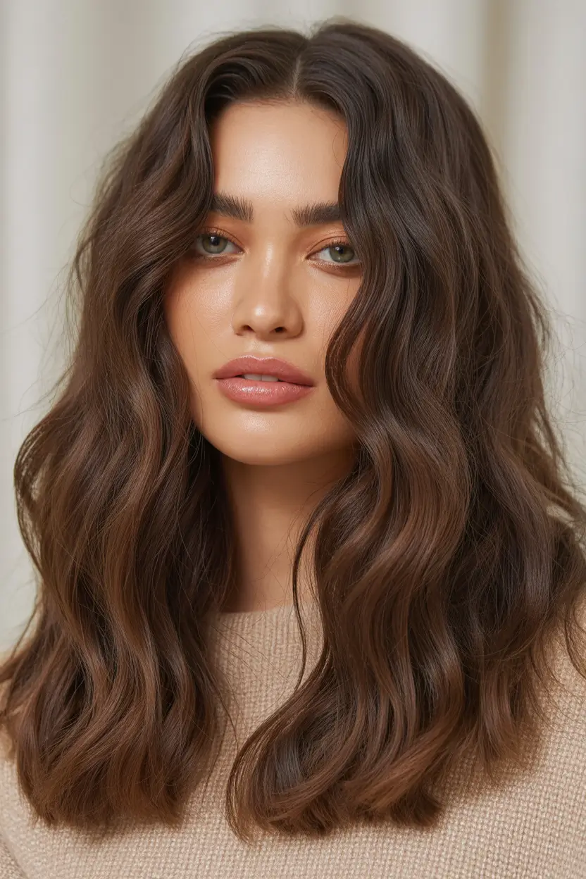 spring brunette hair color Soft Curly Brunette Waves With Rich Warm Brown Depth