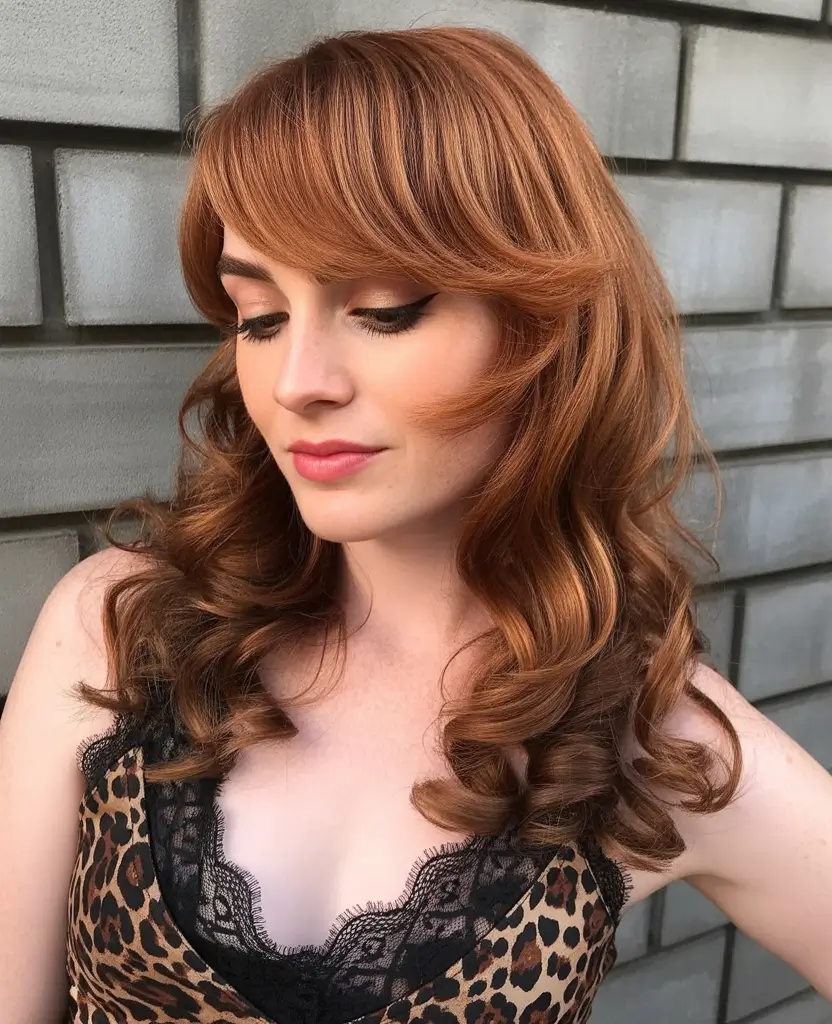 spring long haircut Retro-Inspired Copper Waves With Structured Side Bangs