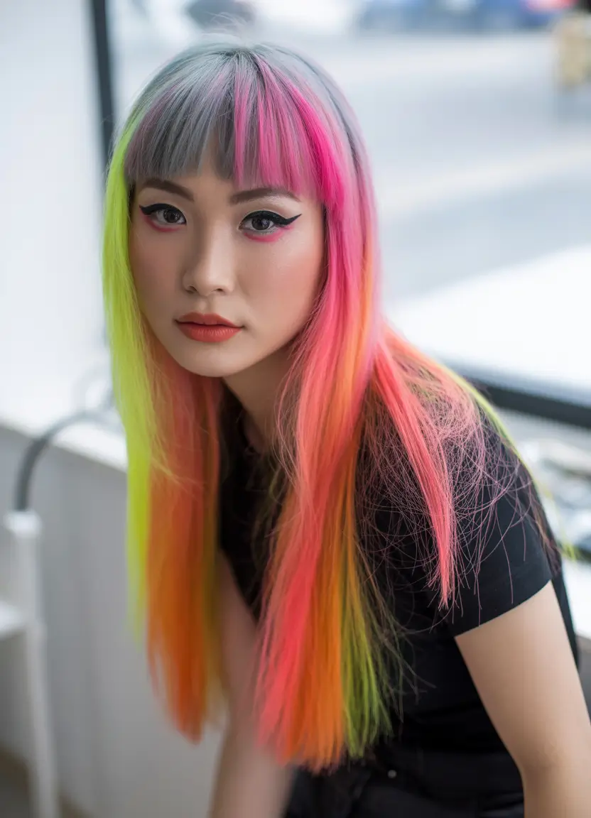 spring long haircut Neon Color-Block Straight Length With Graphic Bangs