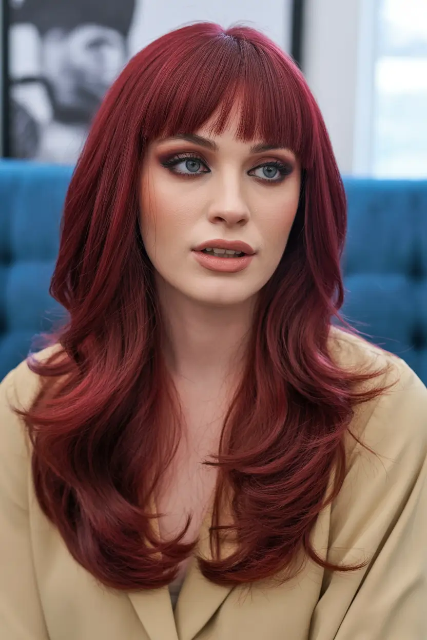 spring long haircut Cherry Red Long Layers With Blunt Bangs That Mean Business