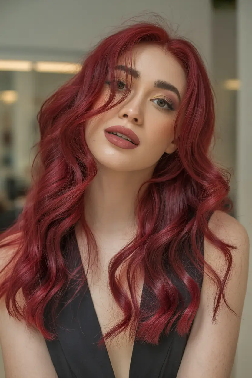 spring long haircut Deep Cherry Length With Soft Waves and Natural Movement