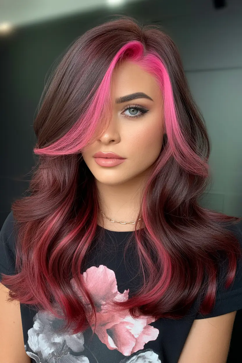 spring long haircut Mid-Length Pink Accent Layers With Statement Face Framing