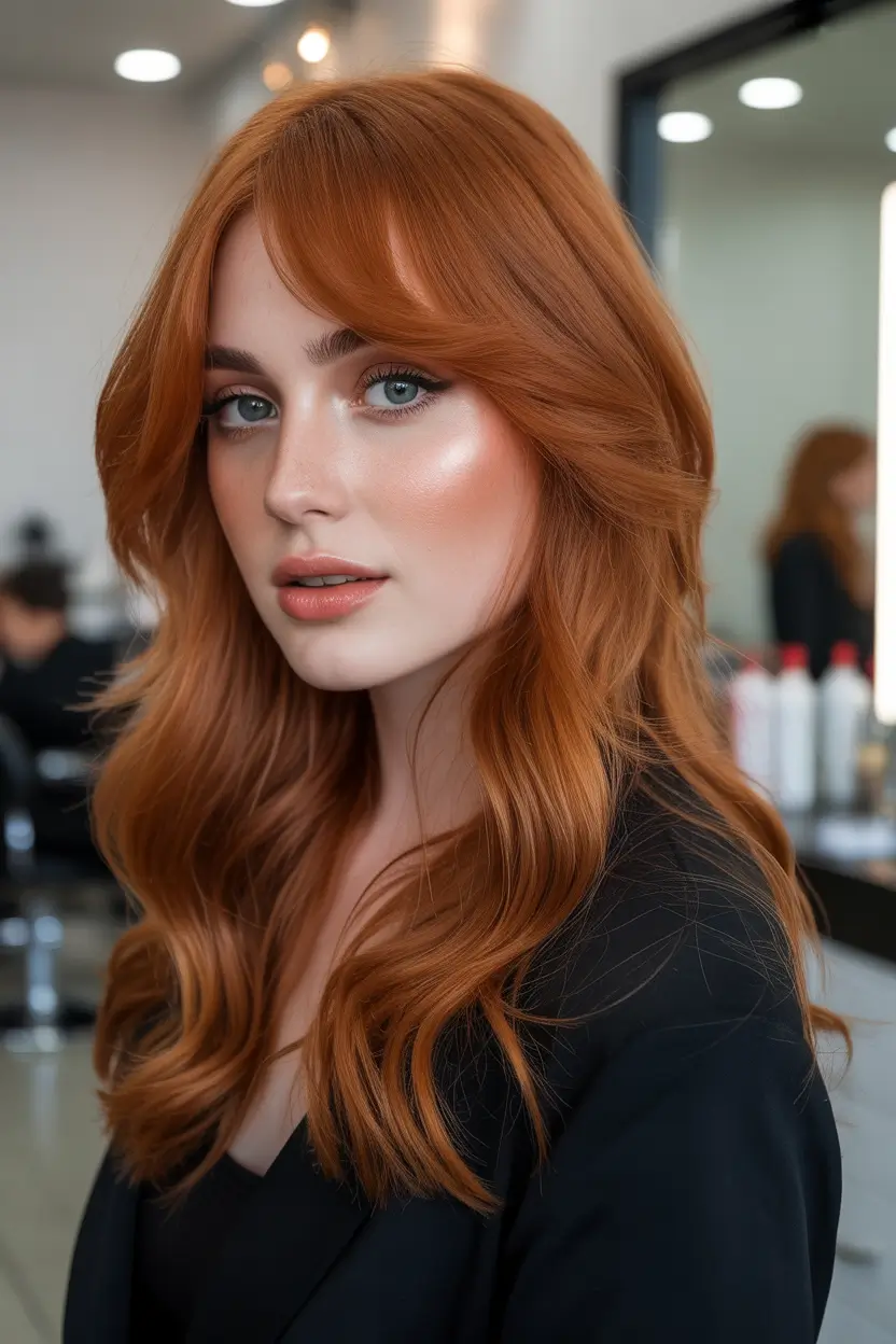 spring long haircut Copper Spring Layers With Soft Side Bangs