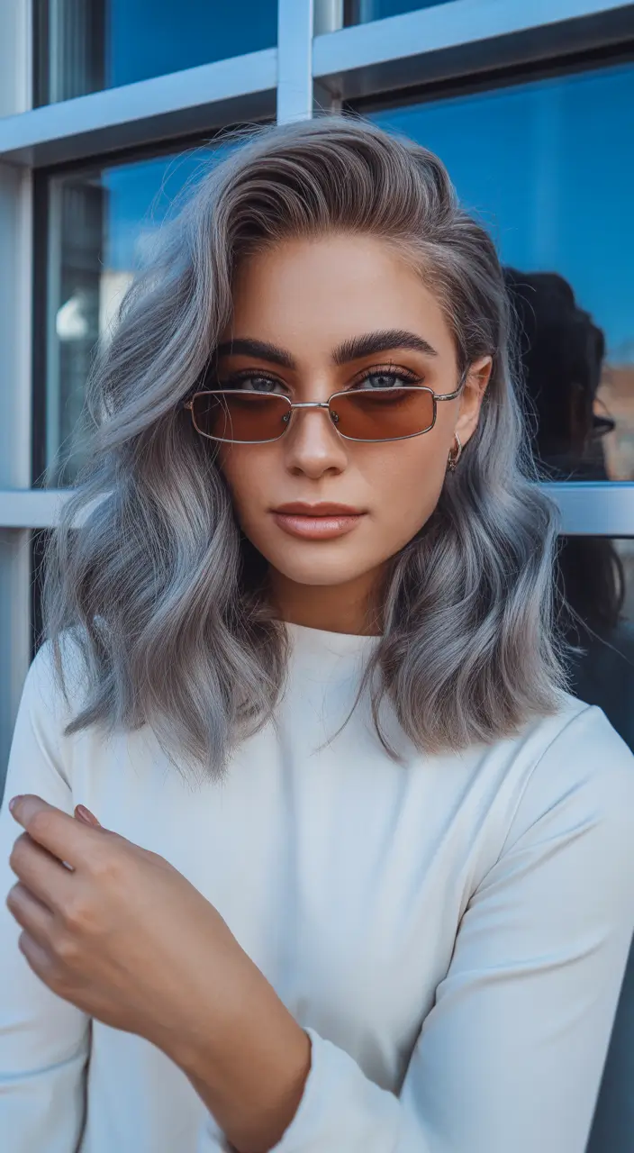 spring hair color for tan skin Smoky Silver Waves With a Cool-Girl Root