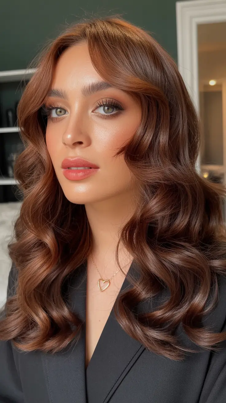 spring hair color for tan skin Chocolate Cinnamon Gloss With Old-Hollywood Waves