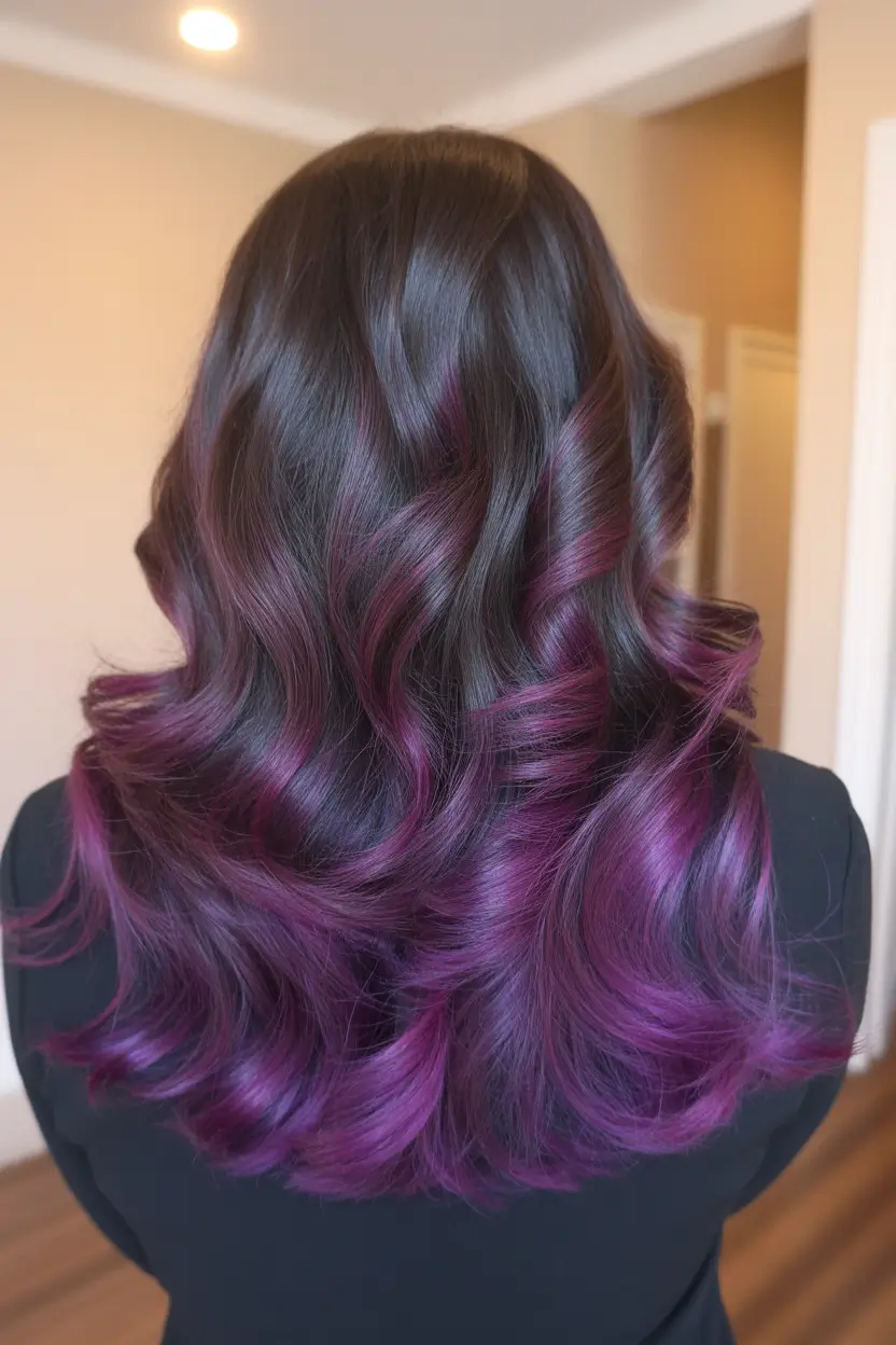 spring hair color for tan skin Midnight Brunette With Vivid Purple Ends