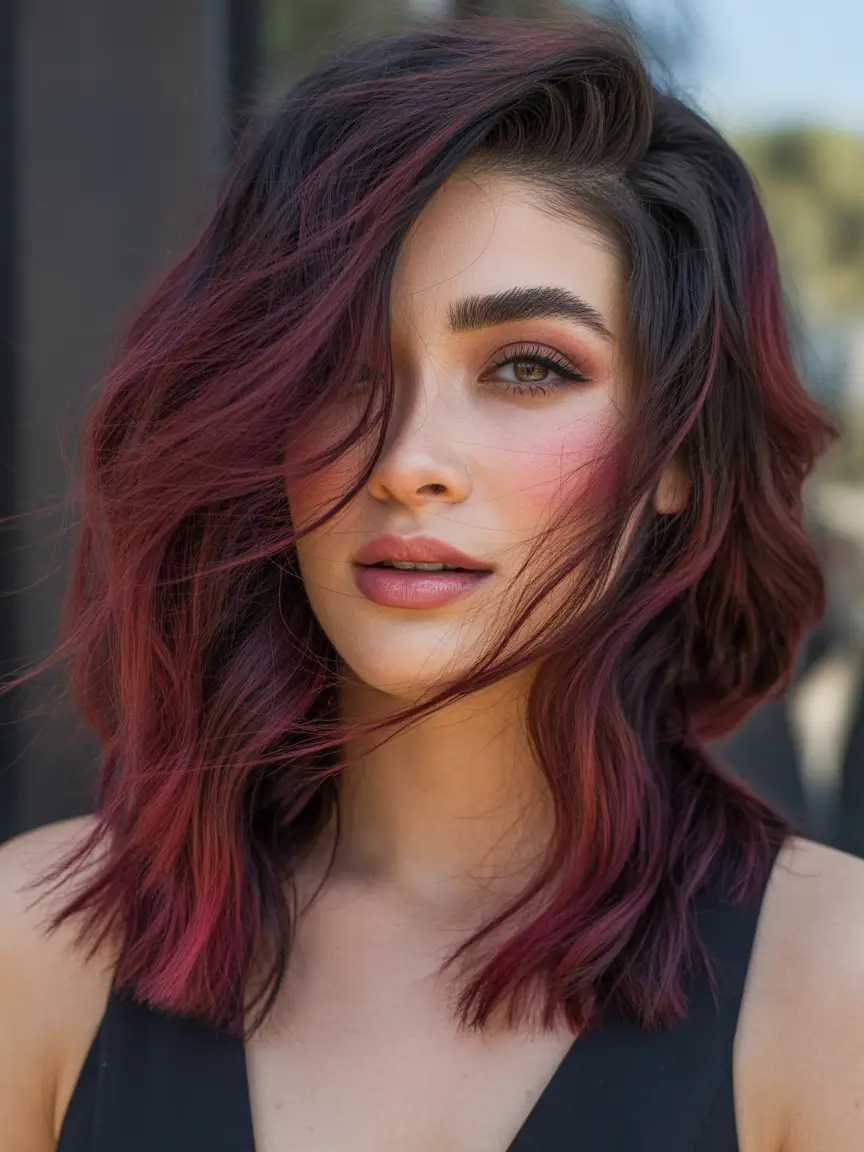 spring hair color for tan skin Soft Burgundy Bob With Tousled Texture