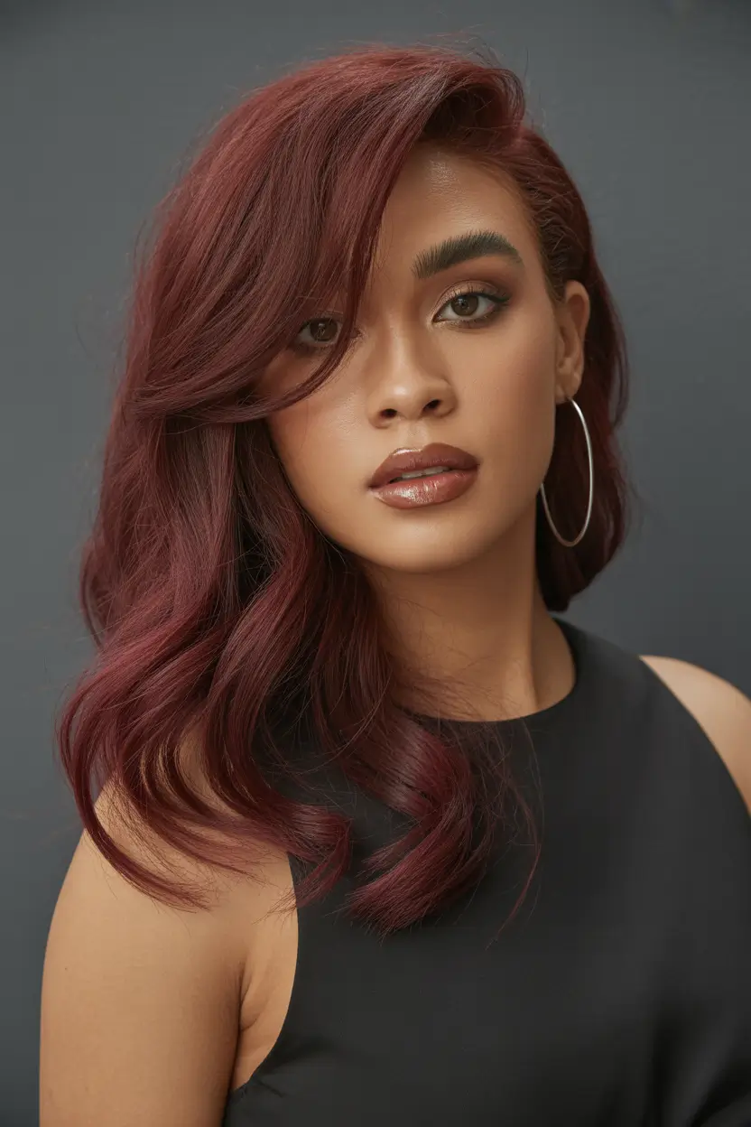 spring hair color for tan skin Deep Auburn Glam With Side-Swept Volume