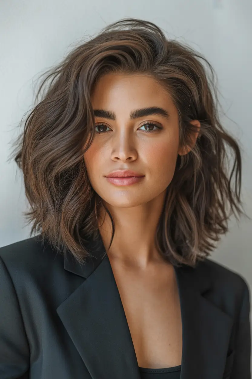 spring hair color for tan skin Smoky Brunette With a Lived-In Blowout Finish