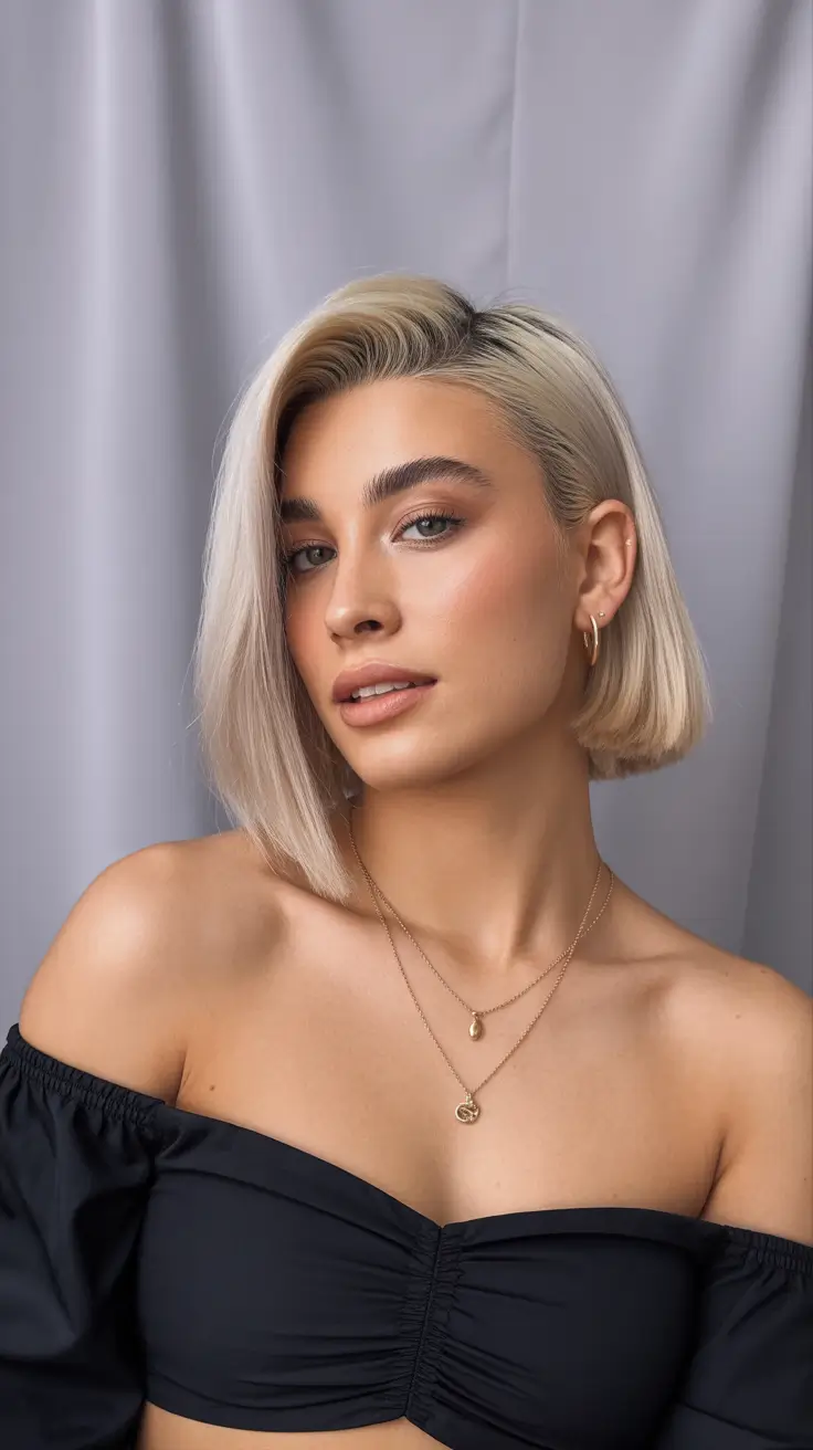 spring hair color for tan skin Cool Vanilla Blonde Bob With a Sharp, Clean Edge
