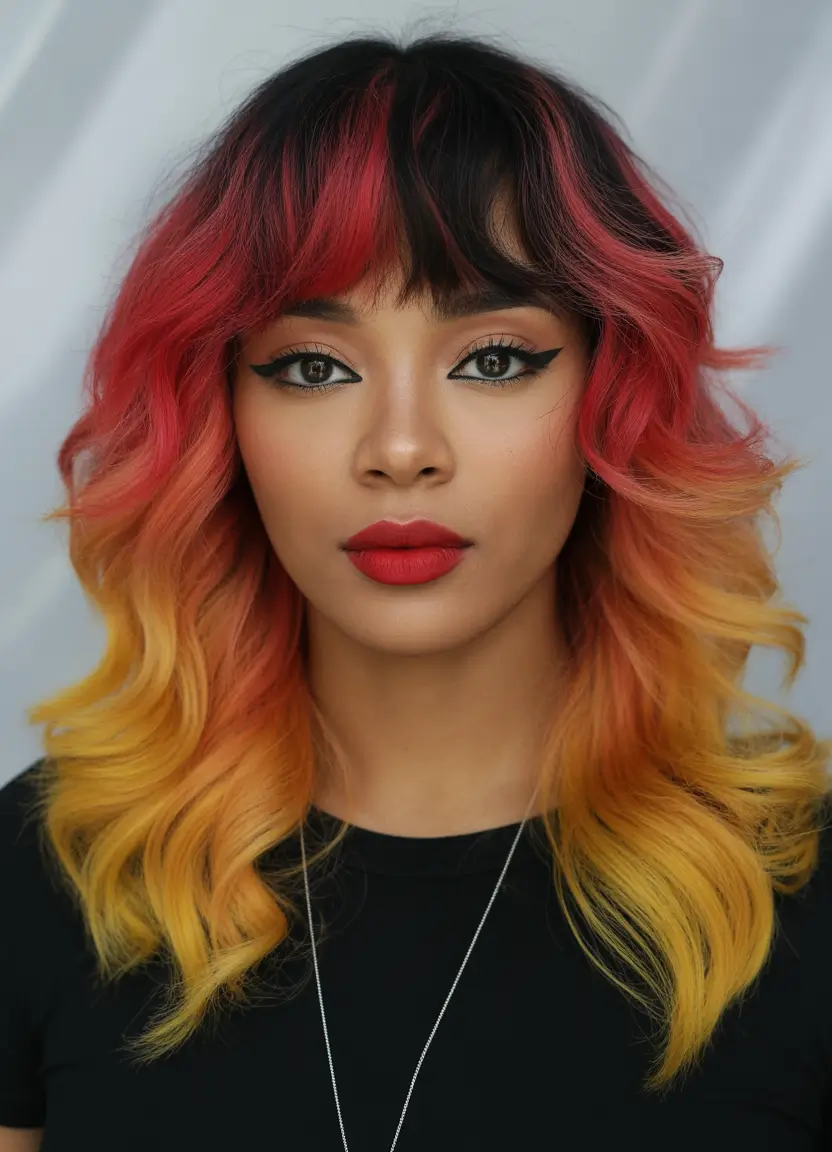 spring hair color for tan skin Fire-Red to Golden Yellow Melt With Graphic Bangs