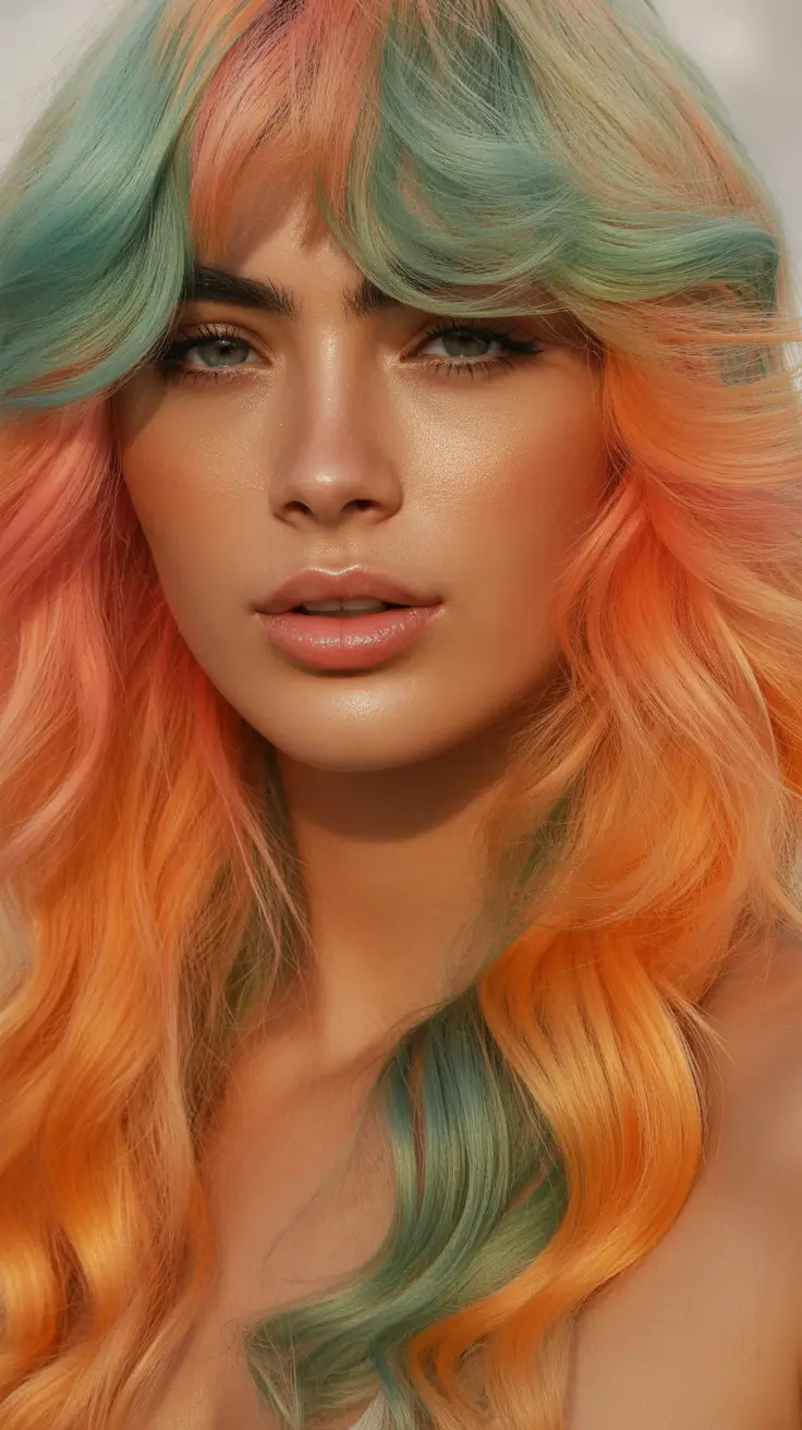 spring hair color for tan skin Vivid Peach With Mint Ribbons