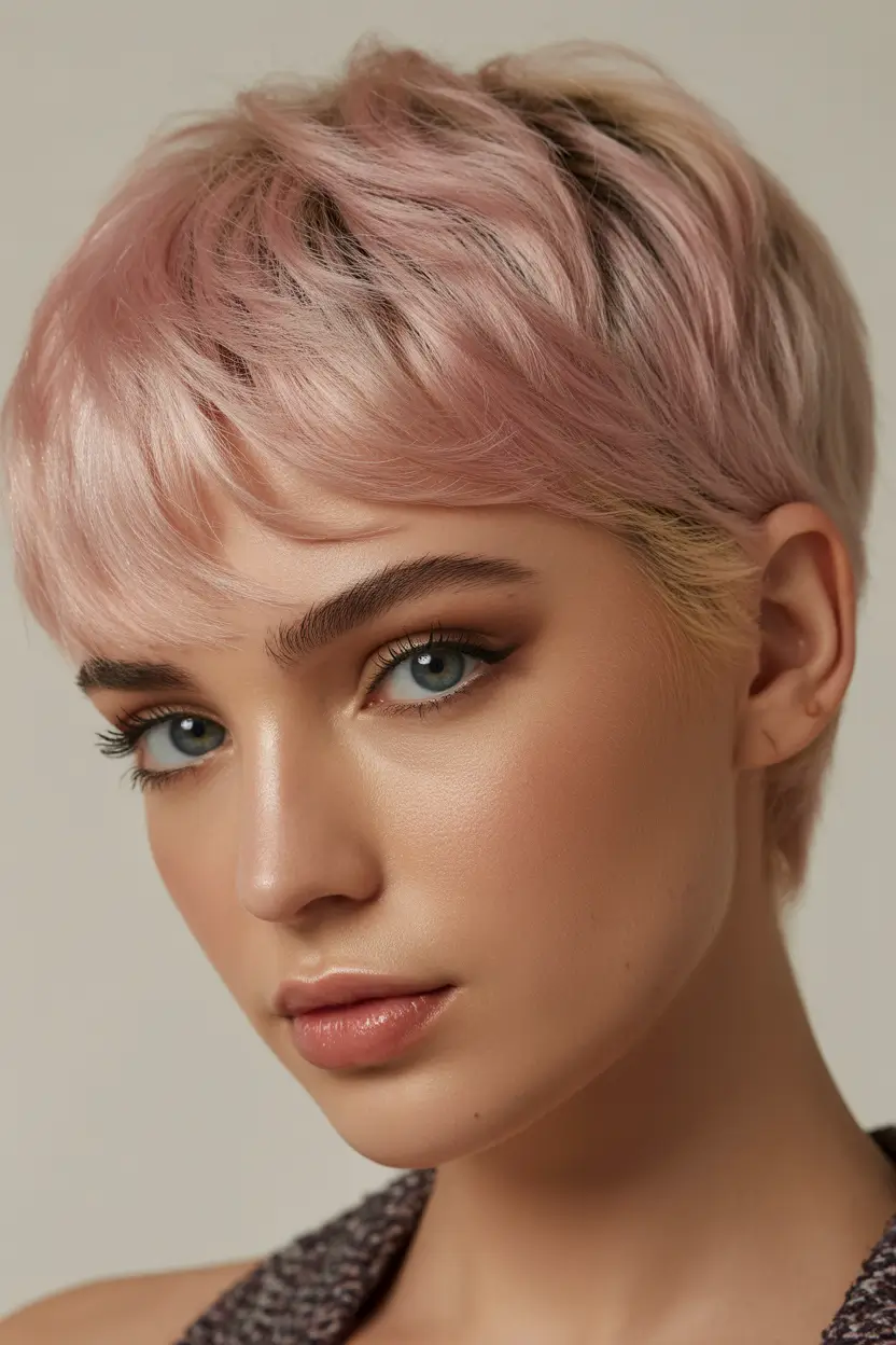 spring hair color for tan skin Soft Rose Gold Pixie With Feathered Texture
