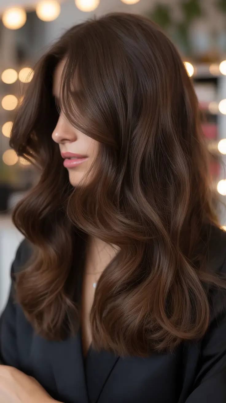 spring hair color for tan skin Deep Cocoa Brunette With Glossy, Sculpted Waves