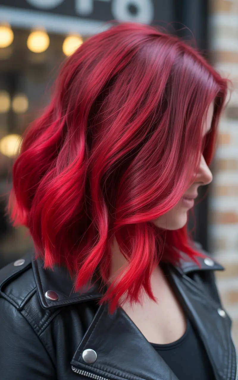 spring hair color for tan skin Bright Crimson Red Bob With a Leather-Jacket Attitude